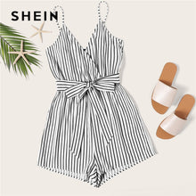 Load image into Gallery viewer, SHEIN Striped Wrap Cami Rompers Womens Jumpsuit With Belt Women Vacation Beach Sleeveless Sexy Jumpsuit 2019 Summer Playsuit
